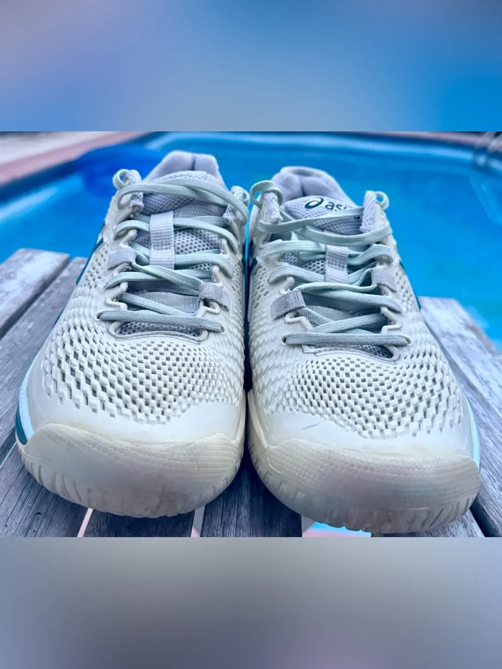 ASICS Gel-Resolution 9 White/Teal/Blue Tennis Shoes Womens 9